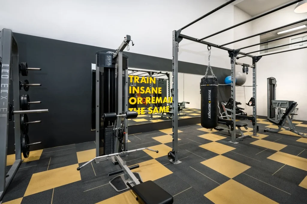 Indoor gym with weight machines, punching bag, designer lighting and carpet flooring